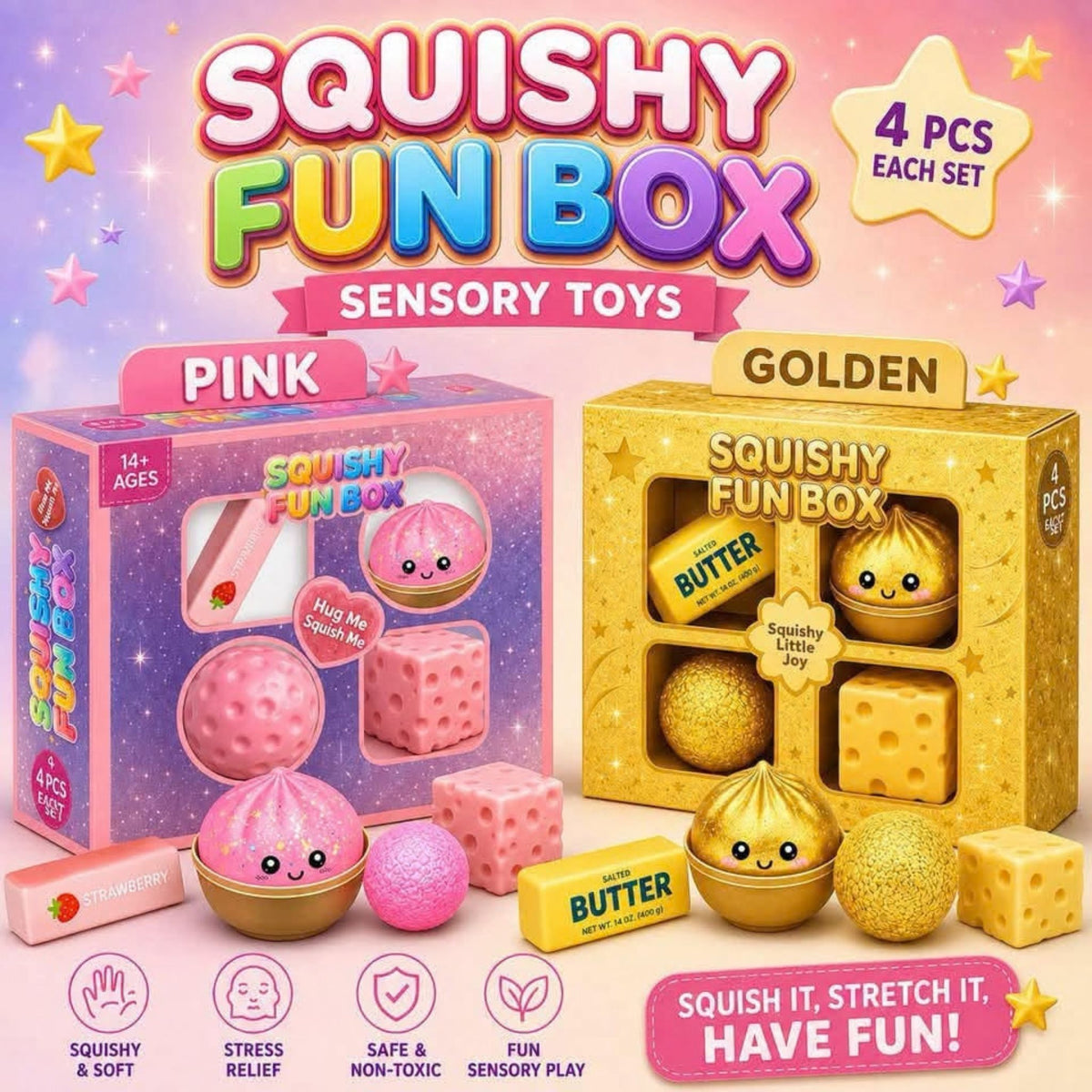 KawaaiCo Glitter Dumpling Squishy Set – Butter, Cheese & Squishy Ball