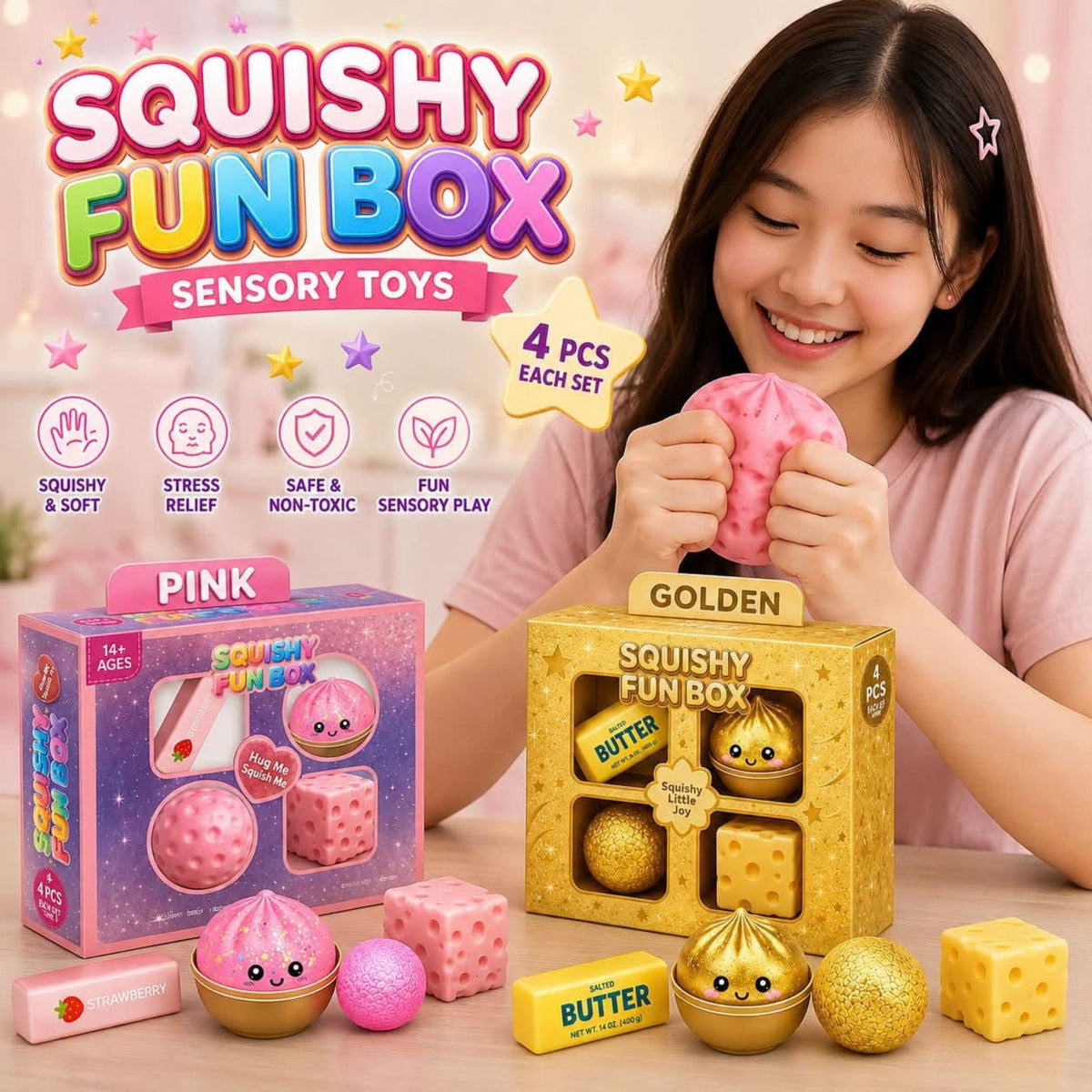 KawaaiCo Glitter Dumpling Squishy Set – Butter, Cheese & Squishy Ball